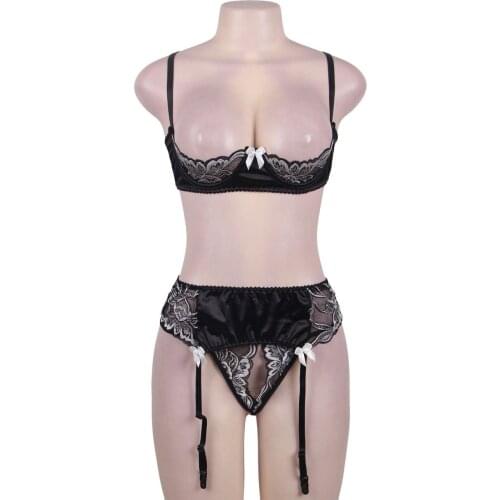 Sexy Women Lingerie Set Embroidery Floral Lace Cupless Wire Bralette Bra Top Garter Skirt Open Crotch Thong Plus Size M-5XL