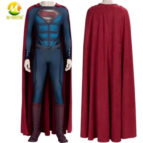 Superhero Man of Steel Cosplay Costume Clark Kent Costumes Bodysuit with Cape Boots Halloween Zentai Sui for Adult Men Any Size