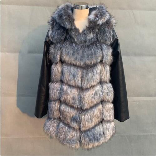 70CM Women Winter Warm Black Leather Removable Sleeve Fur Jacket Coat With Hooded Faux Fur Coat Outwear Thick Fox Fur Jacket