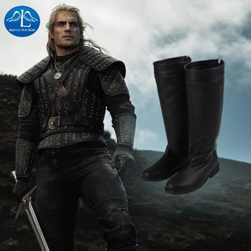 Manluyunxiao Geralt of Rivia Cosplay High Boots Christmas Halloween Costumes for Men Black Faux Leather Shoes