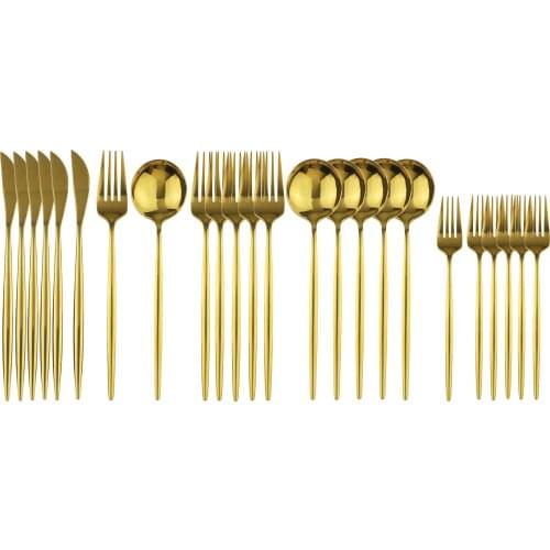 24Pcs Gold Cutlery Set Stainless Steel Dinnerware Set Mirror Dessert Fork Flatware Set Kitchen Tableware Silverware For Hotel