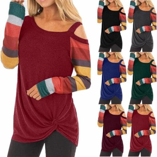 2020 Autumn and Winter New Striped Long-Sleeved Off-Shoulder T-Shirt Plus Size Womens Top