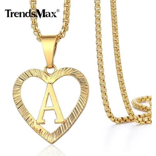 A-Z Initial Letter Pendant Necklace Gold Alphabet Charm Heart Chain Box Link Gold Stainless Steel for Women Girl Gift GP372