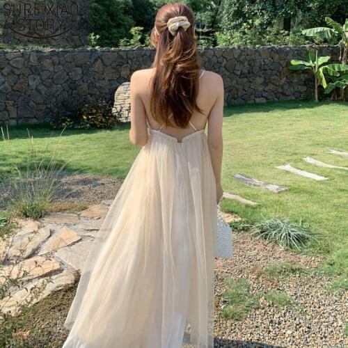 2021 Sexy Sleeveless Backless Dress Women Beach Style Dress Sweet Apricot Holiday Summer Mesh Suspender Princess Dresses 13232