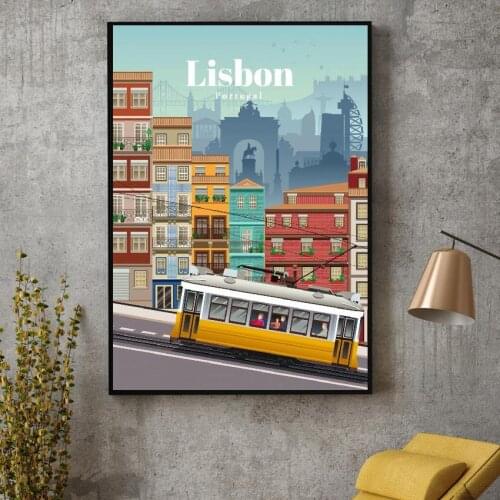 Travel To Lisbon Canvas Poster Landscape Cartoon Buildings Wall Art Pictures for Living Room Painting Home Decor No Frame
