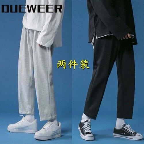 DUEWEER Straight Wide-Leg Casual Pants Mens Spring Summer And Autumn Thin Student Sports Loose Cropped Nine-Point Sweatpants