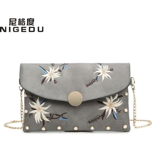 Embroidery Flowers Womens Clutches Chain rivet envelope clutch bag PU Crossbody Bags for Women shoulder bag evening Handbags