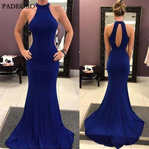 Sexy Navy Blue Evening Dresses Mermaid Sleeveless Sweep Train Hollow Back Ruffles Long Satin Evening Dress Plus Size