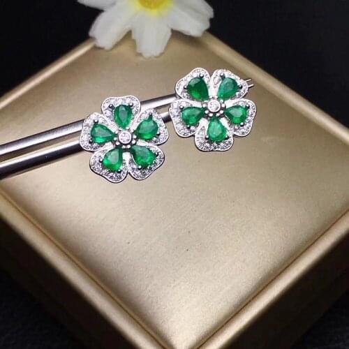 Flower Earring Natural emerald earring Free shipping Real original emerald 925 sterling silver Gem 3*4mm 10pcs
