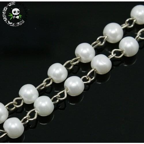 8mm Handmade Glass Pearl Beaded Chains for Jewelry Making Diy, with Platinum Eyepins, 1m(39.3"); about 77pcs/strand,5Strands/lot