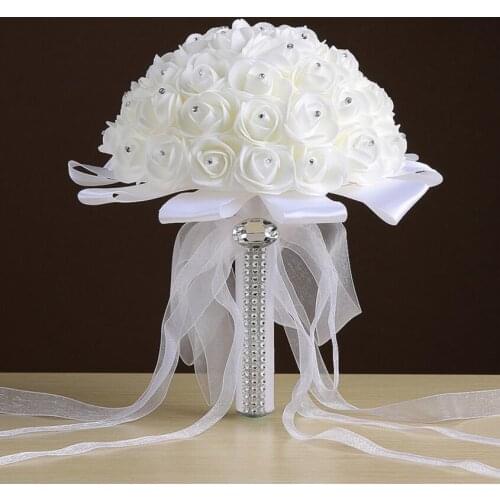 Bridal Wedding Bouquet With Pearl Beaded Romantic Ball Bouquet Foamflowers White Ribbon For Wedding Party Venue Decoration