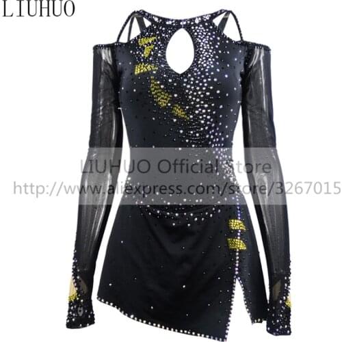 LIUHUO Womens Girls' Adult Performance Dragon Pattern Rhythmic Gymnastics Competition Leotard Ice Figure Skating Dress Black