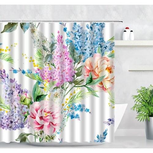 Rural Lilac Peony Flowers Shower Curtain Watercolor Design Floral Plant Garden Scenery Wall Decor Cloth Bathroom Curtains Hooks