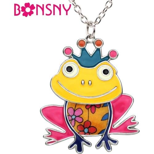 Bonsny Enamel Alloy Frog Prince Crown Necklace Pendant Chain Fairy Tale Animal Jewelry For Women Girls Accessories Gift 2018