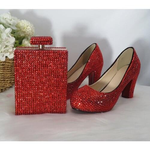 2021 Orange 9cm Thick Heel Crystal Wedding Shoes and Matching Bags Women Shoes Party Dress Shoes Bags Set Performance Shoes
