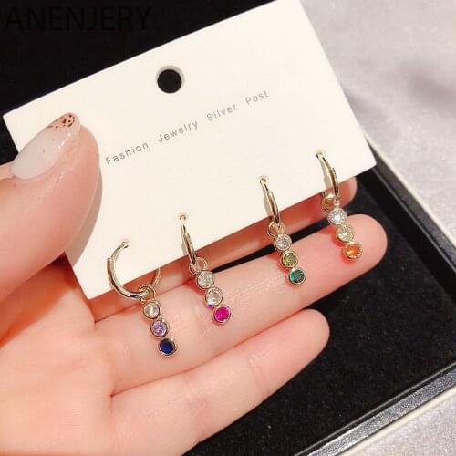 ANENJERY Rainbow Colorful Cubic Zircon Hoop Earrings Set Silver Color 4-piece Earrings Set Jewelry For Women Party