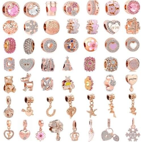 Free shipping 50pcs/lot( each design for one) pink rose gold european mixed diy bead fit women pandora charms bracelet M002