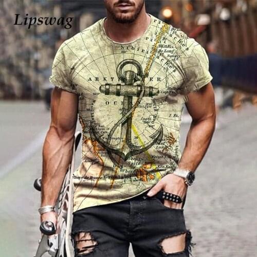 Retro Map Printing Mens Tee Shirts Summer Short Sleeve O-Neck T-Shirt New Casual Loose Men Tops Fashion Streetwear Male Clothing