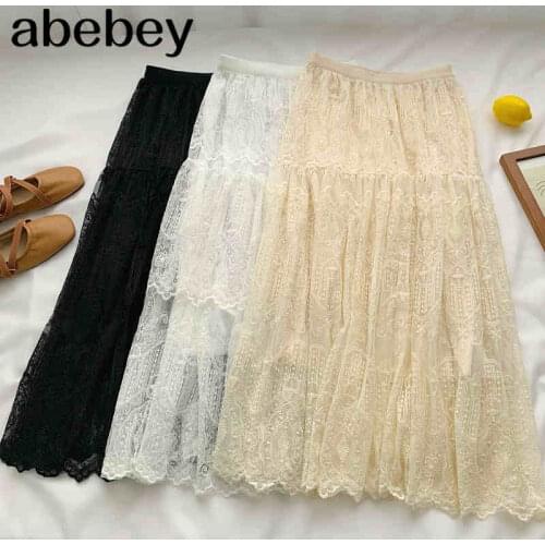 2021 New Spring Summer Sweet All-match high waist Skirt Hollow Out Lace Crochet mesh medium length Skirt