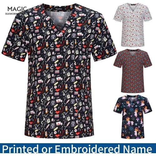 Newest Nurse Uniform Women Short Sleeve V-neck Tops Working Uniform Scrub Top 2021 Hot Ladies Blouse Nursing Scrubs Work Clothes