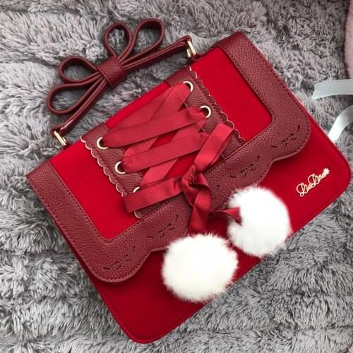 New Lolita Cute Plush Ball Ribbon Bow Shoulders Backpack Harajuku Womens Handbag 3way Soft Girl Sweet PU Leather Messenger Bags