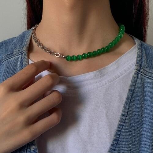 Ingemark Hip Hop Titanium Steel Clavicle Chain Necklace for Women Men Natural Marble Green Beaded Choker Necklace Grunge Jewelry