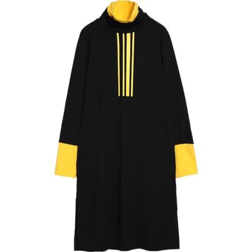PERHAPS U Black Red Yellow Patchwork Long Sleeve Turtleneck Midi Dress Autumn Elegant Straight D0824