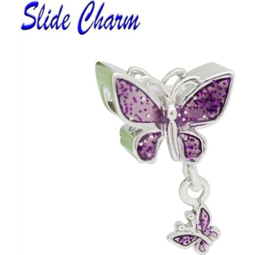 Slide charm Feminine jewelry DIY beads animal insect charm Purple Butterfly Pendant Charm Beads fit Pandora bracelet necklace