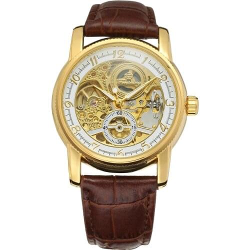 Luxury Casual Design Brown Leather Strap Mens Watches Top Brand Luxury Mechanical Skeleton Watch Classic Sport Watch Gift