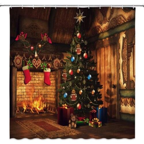 Christmas Tree with Balls Decor Shower Curtain Vintage Cottage Fireplace Gifts