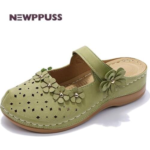 2021 new round head imitation leather handmade nail flower wedge heel laser hollow white sandals large womens slippers