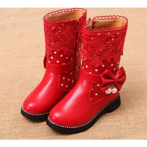 New Girls Snow Boots 2020 Winter Lace Flowers Butterfly-knot Dots Pearl Pendant Princess Warm Cotton Kids Children Boots D432