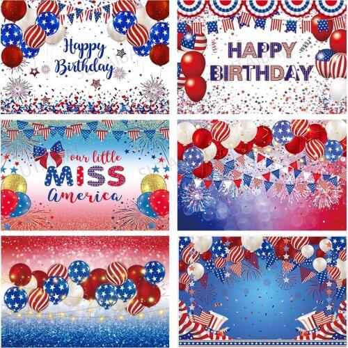 Happy Birthday Party Backdrop July 4 Independence Day Balloon Firecrackers Flag Banner Celebration Photo Background Decoration