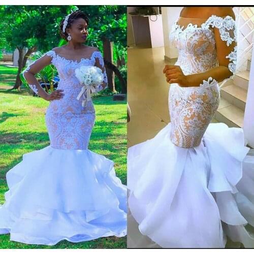 Plus Size Mermaid Wedding Dresses Sheer Off Shoulder Lace Appliques Illusion Bridal Gowns Tiered Ruffles Long Sleeve Garden