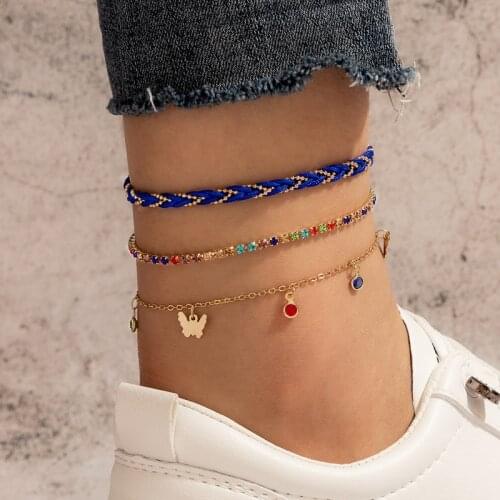 Tocona 3pcs/sets Colorful Rhinestone Tassel Anklets for Women Pretty Butterfly Rope Adjustable Foot Chain Boho Jewelry 16811