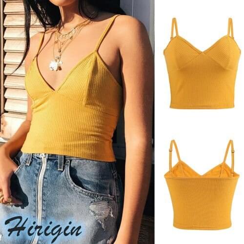 Summer Camisole 2019 New Summer Women Casual Yellow Solid Short Camisole Sexy Sleeveless Knit Crop Camisole