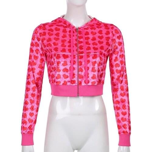 Women Velvet Long Pant Pocket Patchwork Baseball Long Sleeve Heart Printed Pink Cute Crop Top Harajuku Winter