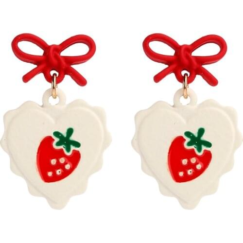 2021 New Sweet Love Strawberry Dangle Earrings Cute Red Bow Creamy Fruit Teens Student Eardrop Jewelry For Woman Trend Gift