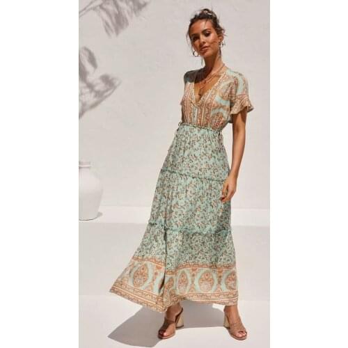 New Waist Printed Dress Boho Short Sleeve Floral Print Long Dress Belt Cake Dress V-neck Retro Ladies Dress Vestidos Femininos
