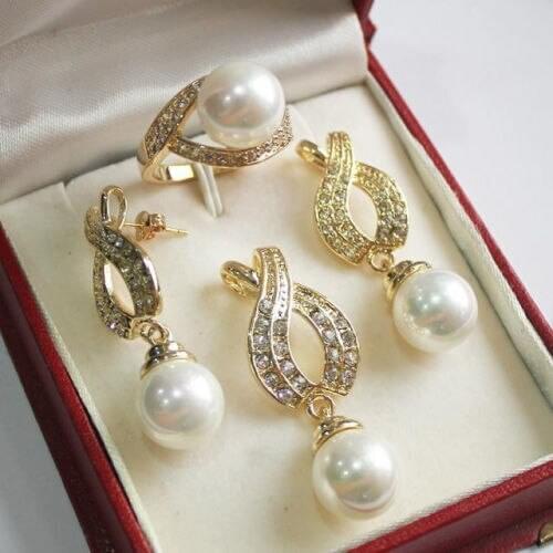 1Set AAA 12mm White Shell Pearl Pendant Necklace Earrings Ring Set No box