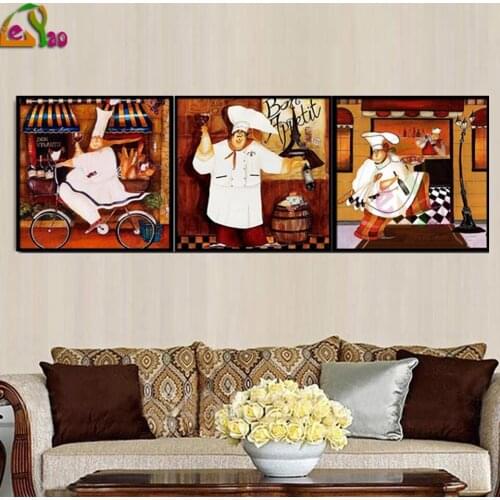 5D Diamond Embroidery Triptych Fat Chef Mosaic Rhinestones Diamond Painting Cross Stitch Kits Handmade Kitchen Home Decor Gift