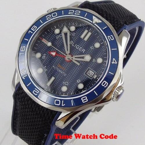 Bliger 41mm GMT Automatic Men‘s Wristwatch Blue Dial Date window Luminous hands sapphire glass cerzmic bezel rubber strap watch