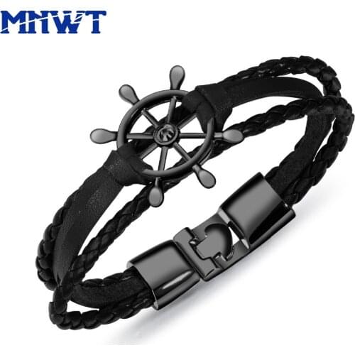 MNWT Brand Fashion Sailor Vintage Bracelet For Men Multilayer Leather Weave Bracelets Man Black Stainless Steel Handmade Chain