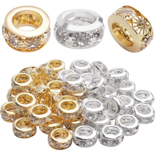 Crystal Spacer Beads, 40pcs 10 mm Large Hole Rhinestone Rondelles Crystal Pave Brass Beads Fit European Snake Chains Jewelry DIY