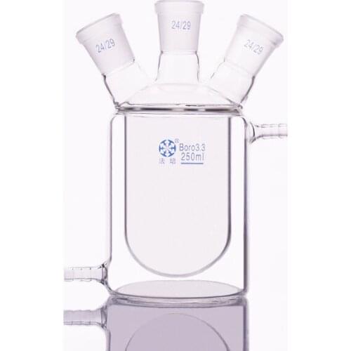 Double-deck cylindrical three-necked bottom flask,Capacity 250ml,Joint 24/29,Mezzanine jacketed reactor bottle