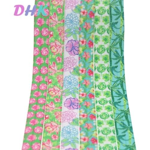 DHK 5/8'' 5yards flowers leaf printed Fold Elastic FOE stretch ribbon hairbow headwear headband DIY OEM E1717