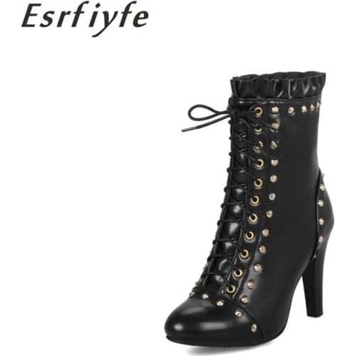 ESRFIYFE 2020 New Pointed Toe Womens Ankle Boots Keep Warm Winter Boots for Women Autumn High Heel Zipper Rivet Boots Women