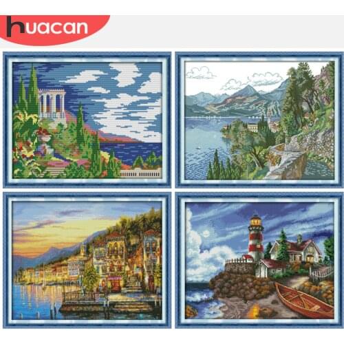 HUACAN Cross Stitch Scenery Embroidery Sea Needlework Sets Kits White Canvas DIY Gift Home Decor 11ct 14CT