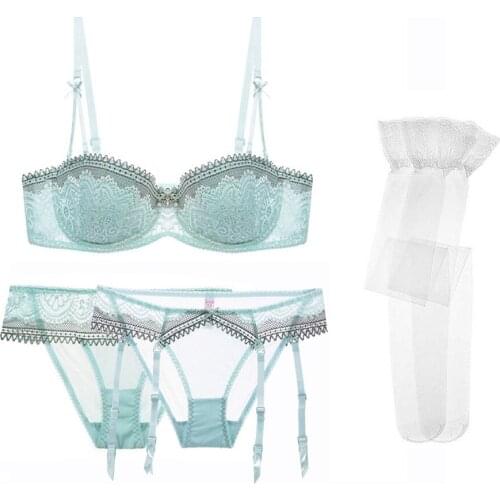 Ladies sexy thick cushion push up half cup embroidered bra ruffled flower lace underwear set bra+2panties+stockings 4pcs/set