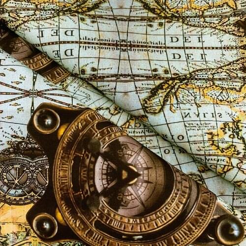 Beautiful 100% Cotton Fabric Retro Compass World map Pattern Digital Print Sewing Material DIY Home Patchwork Dress Clothing